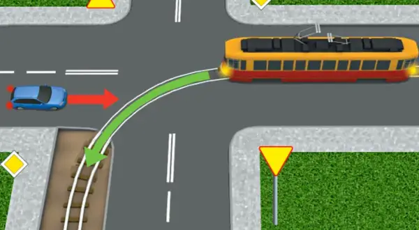 Niebieski samochód musi ustąpić pierwszeństwa tramwajowi, który ma pierwszeństwo na skrzyżowaniu. Zielona linia pokazuje tor jazdy tramwaju.