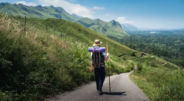 Pielgrzym w kapeluszu i z plecakiem idzie ścieżką przez zielone wzgórza. To jedna z malowniczych tras Camino de Santiago.