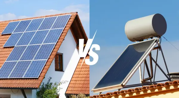 Confronto tra pannelli solari fotovoltaici sul tetto di una casa e un pannello solare termico con serbatoio.