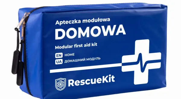 Niebieska, modułowa apteczka domowa RescueKit z białym krzyżem i napisem.