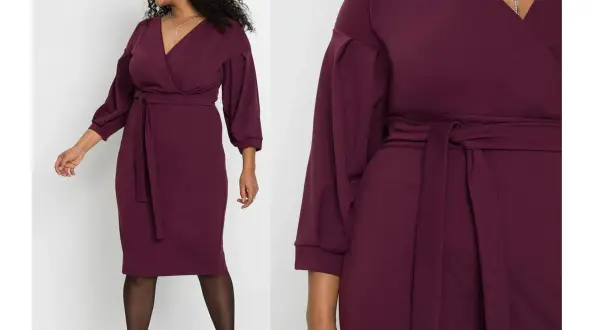 Elegancka sukienka świąteczna plus size w kolorze śliwkowym, z dekoltem V i wiązaniem w talii. Idealna na świąteczne okazje.