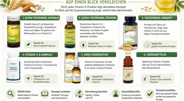 Vergleich von Vitamin-E-Produkten: Alpha-Tocopherol, Tocotrienol, ADEK-Kombinationen und mehr. Ideal für Kosmetik und Nahrungsergänzung.