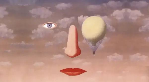 A dream surrealism art piece featuring a face composed of an eye, a nose, and lips, with a hot air balloon replacing one nostril against a cloudy sky.