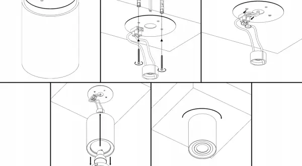 Instrukcja montażu: halogen tuba natynkowa. Montaż na suficie, podłączenie przewodów, przykręcenie obudowy.