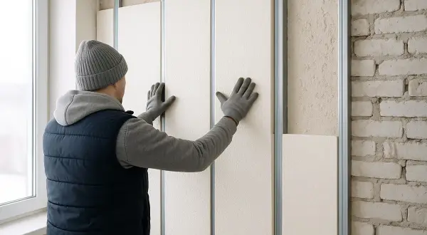 Lavoratore posiziona pannelli di polistirolo su una struttura metallica, mostrando come isolare una parete interna con polistirolo per migliorare l'efficienza energetica.