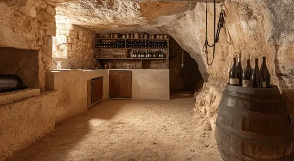 Aménagement cave rustique avec étagères à vin, tonneau et bouteilles. Lumière naturelle filtrant à travers une ouverture.