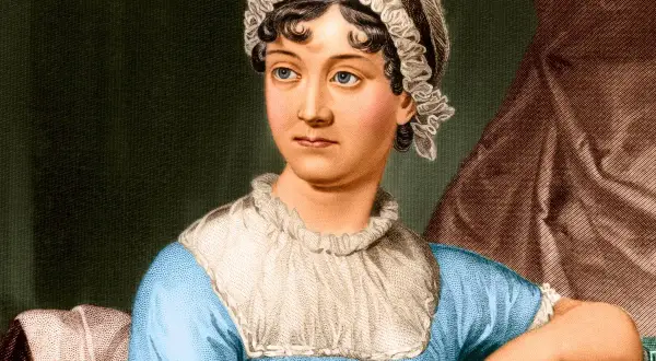 Portret Jane Austen, autorki ponadczasowych książek, w błękitnej sukni i czepku.