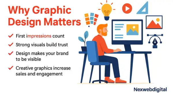 Graphic design pictures illustrating why it matters: first impressions, trust, visibility, and sales. A designer works at a computer surrounded by creative icons.
