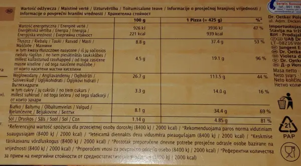 Pizza Guseppe 4 sery - kalorie i wartości odżywcze na 100g i 335g