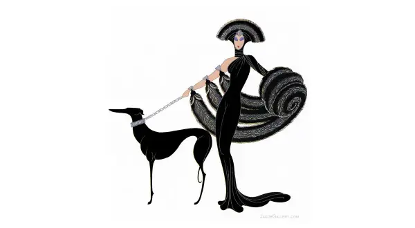 A striking Art Deco illustration, a symphony in black, features a woman in a flowing gown and elaborate headdress, holding a leash attached to a sleek black greyhound.