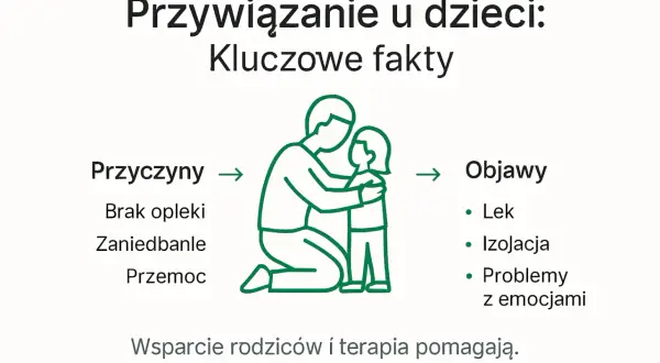 Przywiązanie u dzieci: przyczyny (brak opieki, zaniedbanie, przemoc) i objawy (lęk, izolacja, problemy z emocjami). Wsparcie rodziców i terapia pomagają.