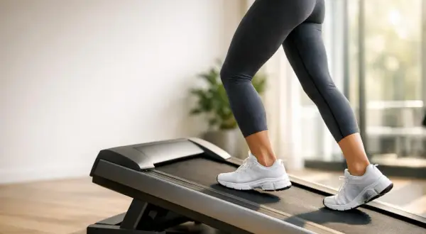 Gambe di donna che corrono su un tapis roulant inclinato. Attenzione, camminare in salita fa male alla schiena se non si fa attenzione alla postura.