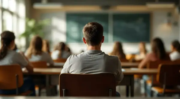 Uczniowie w klasie, w tle tablica. Może to być wizualizacja zmian w harmonogramie lekcji, np. wykreślenie religii ze szkół przez minister z lewicy.