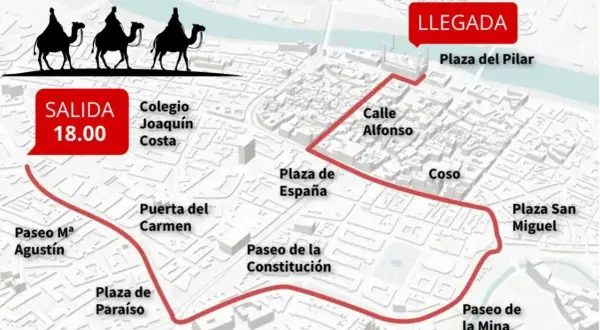 Mapa del recorrido de la cabalgata de Reyes en Zaragoza, con salida a las 18:00 desde el Colegio Joaquín Costa y llegada a la Plaza del Pilar.