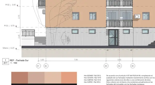 Fachada sur de edificio con revestimiento acrílico en tonos sate sika, mostrando detalles arquitectónicos y paleta de colores.
