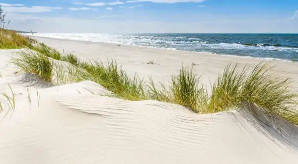 Piękne plaże w Polsce. Biały piasek, trawy na wydmach i spokojne morze pod błękitnym niebem.