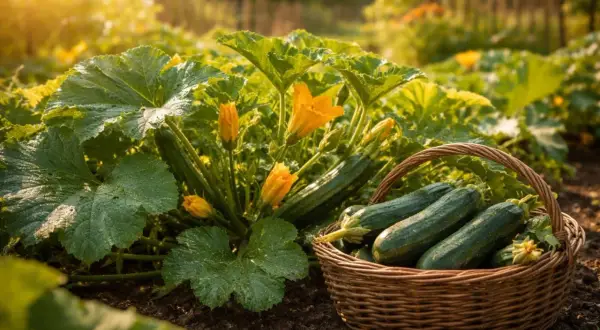 Frisch geerntete Zucchini liegen in einem Korb neben blühenden Pflanzen. Der richtige zucchini pflanzen abstand sorgt für gesunde Ernte.