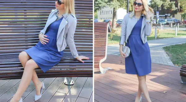 Stylowe stylizacje dla kobiet w ciąży: niebieska sukienka, szara ramoneska i szpilki. Elegancko i wygodnie.