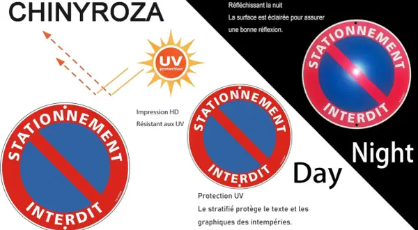Panneau interdiction de stationner, résistant aux UV et réfléchissant la nuit pour une meilleure visibilité.