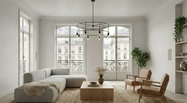 Elegante sala de estar con sofá gris, mesa de centro de madera y dos sillones de cuero. La decoración de casas se realza con grandes ventanales y estanterías.