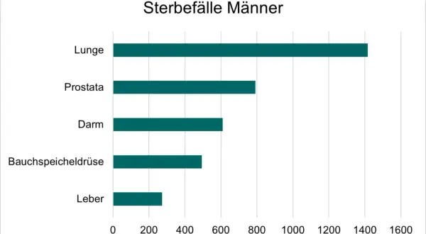 Balkendiagramm zeigt Sterbefälle bei Männern in Deutschland nach Krebsart. Lungenkrebs ist am häufigsten.