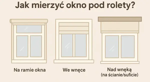 Jak zmierzyć okno na roletę? Ilustracja pokazuje trzy sposoby montażu rolet: na ramie okna, we wnęce i nad wnęką.