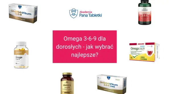 Różne suplementy diety z kwasami omega 3 6 9, w tym OMEGA-Vitum, OstroVit, Swanson i Walmark.