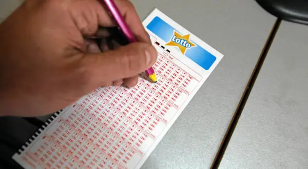 Ręka z różowym długopisem zaznacza liczby na kuponie Lotto. Jak udowodnić że kupon lotto kupiło się wspólnie z partnerem? Wspólne skreślanie liczb to dowód.