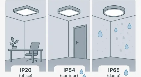 Trzy lampy sufitowe: IP20 w biurze, IP54 w korytarzu, IP65 w wilgotnym pomieszczeniu.