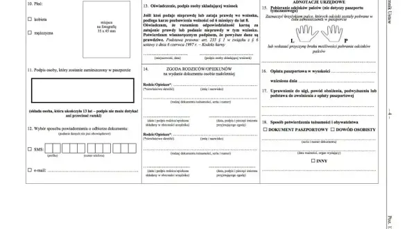 Wniosek o paszport wymaga podania danych osobowych, płci, podpisu, a także zgody rodziców dla nieletnich. Potrzebne są też informacje o opłacie i sposobie potwierdzenia tożsamości.