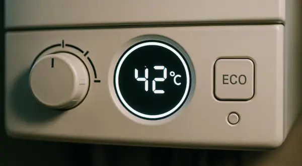 Wyświetlacz pieca kondensacyjnego pokazuje 42°C. Pokrętło regulacji i przycisk ECO sugerują, jak działa piec kondensacyjny, oszczędzając energię.