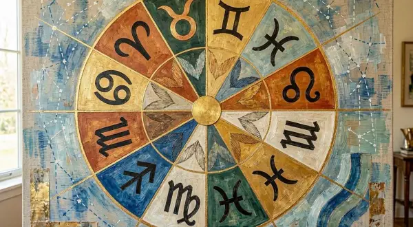 Koło zodiaku z symbolami, w tym strzelec.