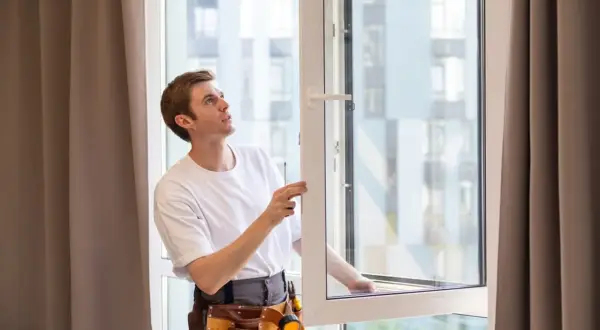Un hombre con cinturón de herramientas ajusta una **regular ventana oscilobatiente**.