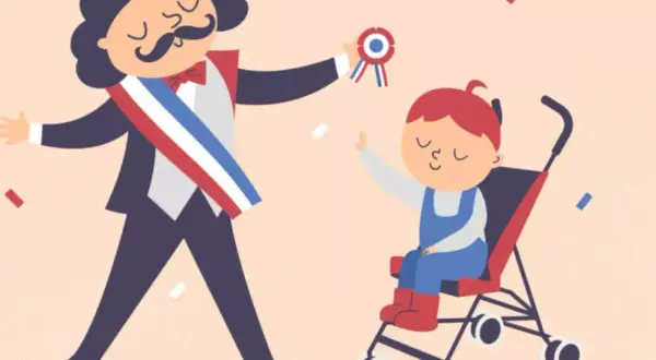 Célébration d'un baptême civil : un maire avec écharpe tricolore offre une médaille à un enfant en poussette, entourés de confettis. Le parrain et la marraine sont symbolisés.