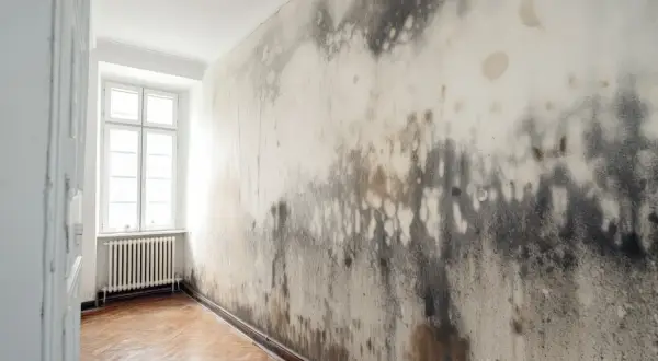 Grzyb w domu objawy zdrowotne: ściana pokryta pleśnią, groźna dla zdrowia.