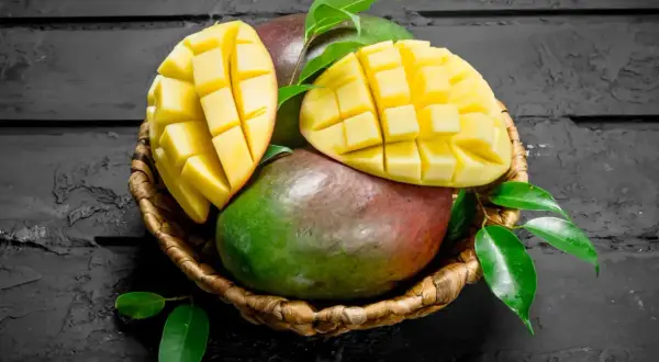 Koszyk z dojrzałymi mango, jedno przekrojone na pół, ukazujące soczysty miąższ. Interesuje Cię mango indeks glikemiczny?