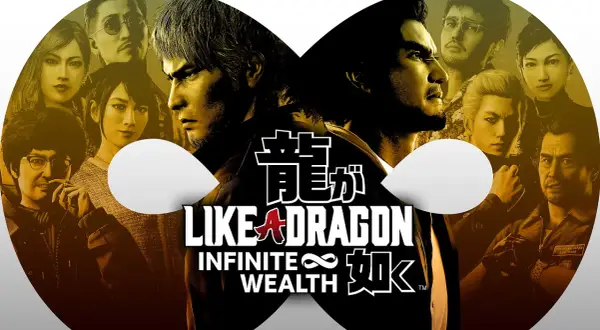 Postacie z gry jrpg "Like a Dragon: Infinite Wealth" na tle.