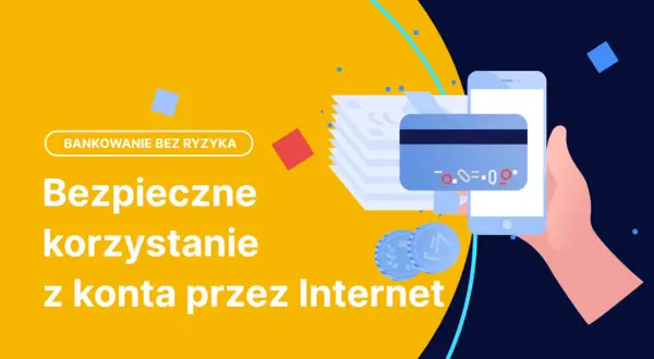 Grafika ilustruje bezpieczenstwo w internecie. Dłoń trzyma smartfon z kartą płatniczą, symbolizując bezpieczne bankowanie online.