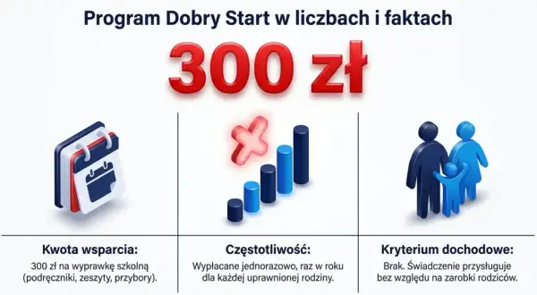 Program Dobry Start oferuje 300 zł na wyprawkę szkolną. Wsparcie wypłacane jest raz w roku, bez kryterium dochodowego.