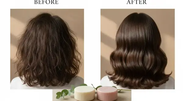 Före och efter hårtransformation. Från frissigt till glansigt och friskt hår. Hemligheten för hur man får långt hår kan vara dessa två hårprodukter.