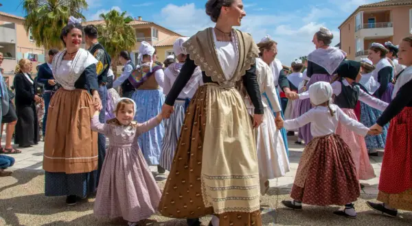 Un groupe danse en cercle, portant une tenue traditionnelle française homme et femme, avec des coiffes et des jupes colorées.
