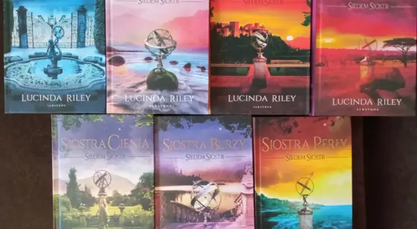 Kolekcja książek "Siedem sióstr" Lucindy Riley, w tym "Zaginiona siostra", "Siostra księżyca", "Siostra słońca", "Siostra cienia", "Siostra burzy" i "Siostra perły".