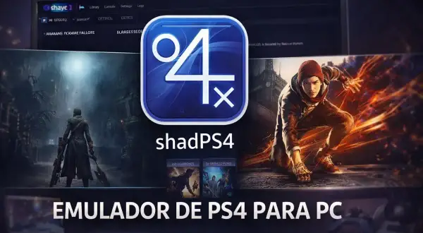 Logo shadPS4, z postaciami z gier i napisem "EMULADOR DE PS4 PARA PC".