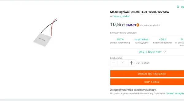 Moduł ogniwo Peltiera TEC1-12706 12V 60W z dwoma przewodami, idealny do projektów chłodzenia.
