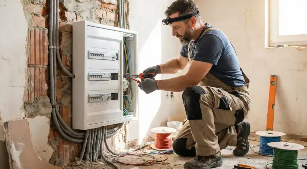 Elettricista al lavoro per il ripristino impianto elettrico, con cavi e quadro in vista.