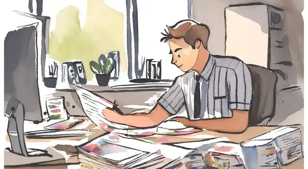 Uomo d'affari esamina documenti, un'illustrazione che suggerisce come trovare dipendenti qualificati per la tua azienda.
