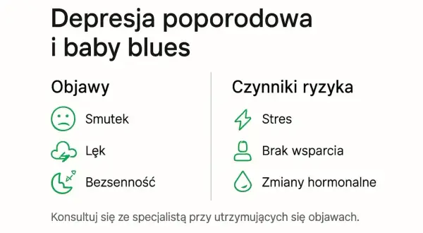 Depresja poporodowa: objawy (smutek, lęk, bezsenność) i czynniki ryzyka (stres, brak wsparcia, zmiany hormonalne). Szukaj pomocy.