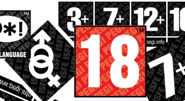 Kolaż symboli PEGI: @*! (wulgaryzmy), symbole płci, cyfry 3+, 7, 12, 16, 18.