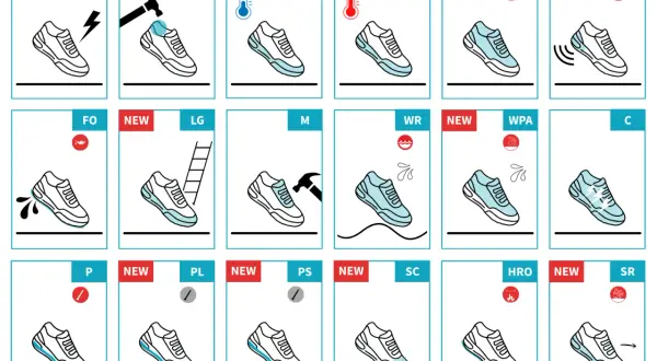Icônes illustrant les propriétés de la matière de chaussure : résistance à l'eau, aux chocs, aux températures, etc.