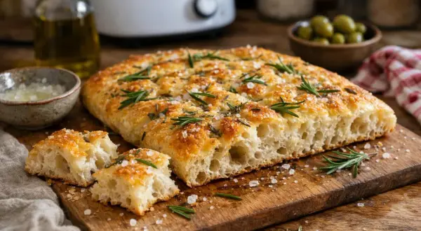 Une focaccia dorée, garnie de romarin frais et de gros sel, prête à être dégustée. Une recette simple pour un pain savoureux.